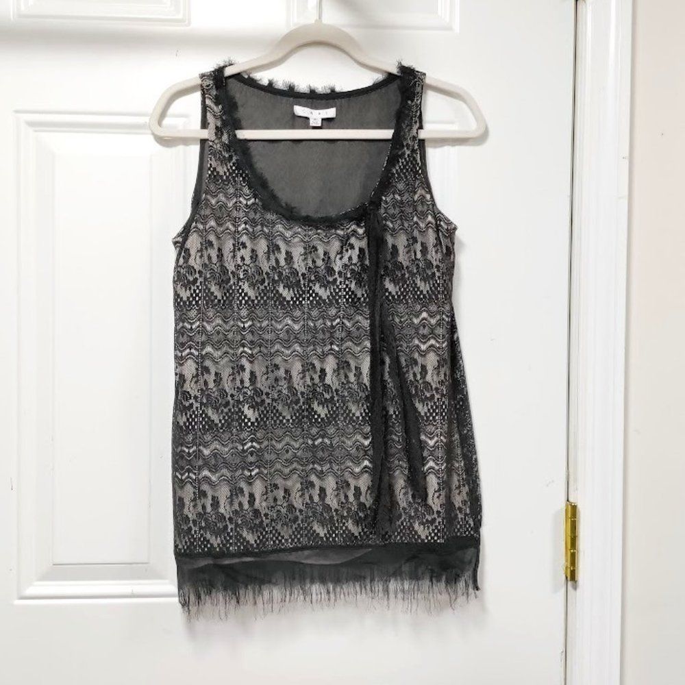 CAbi Women's Emily Black Lace Overlay Bow Sleeveless Top Blouse Size S